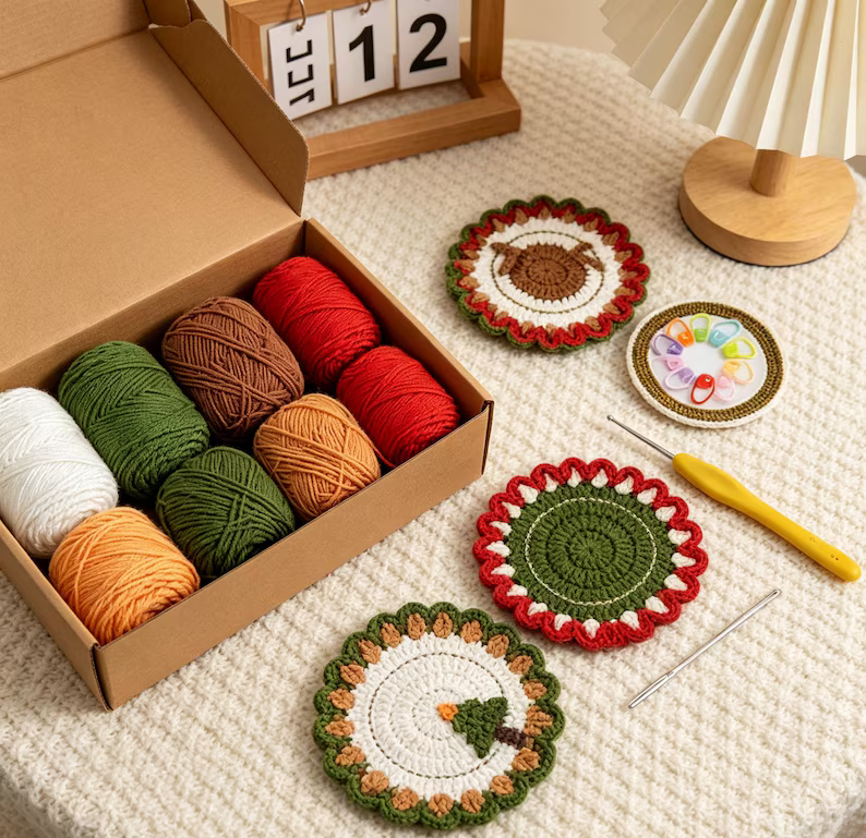 diy-christmas-coaster-crochet-starter-kit-festive-wreath-reindeer-tree-designs