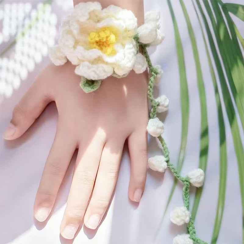 handmade-crochet-wedding-wrist-corsage-white-floral-bracelet-with-trailiing-vine-for-brides-bridesmaids