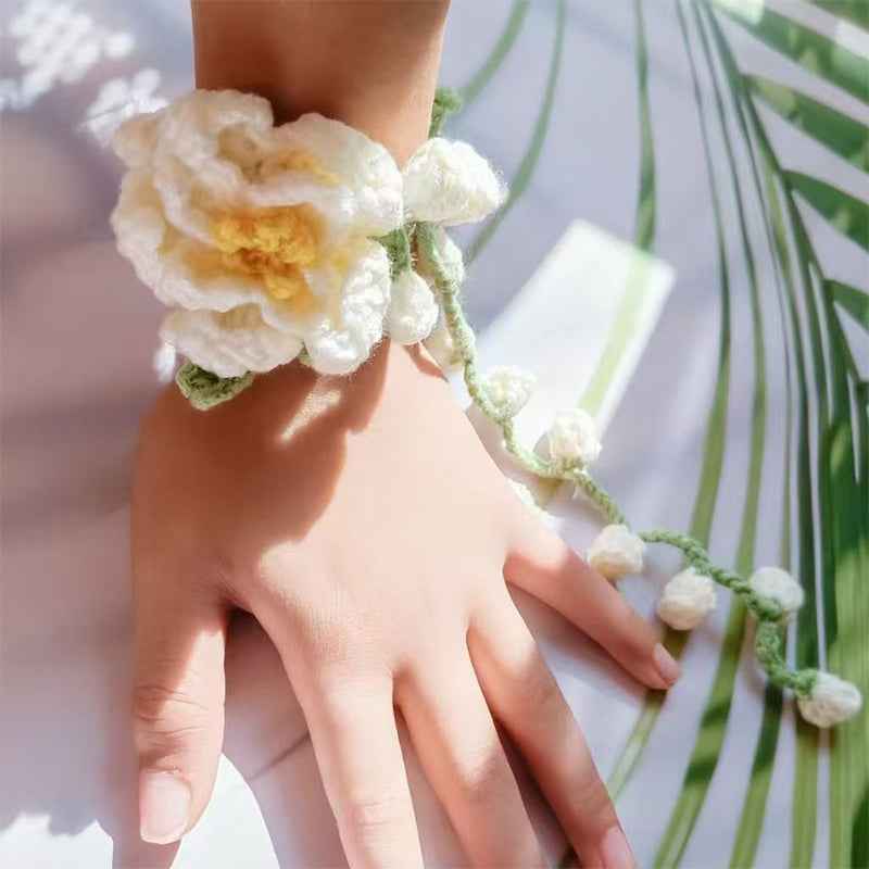 handmade-crochet-wedding-wrist-corsage-white-floral-bracelet-with-trailiing-vine-for-brides-bridesmaids