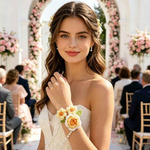 Handmade Crochet Wedding Wrist Corsage - Romantic Pink Rose Flower Bracelet for Bridesmaids & Prom