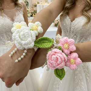 Handmade Crochet Wedding Wrist Corsage - Romantic Pink Rose Flower Bracelet for Bridesmaids & Prom