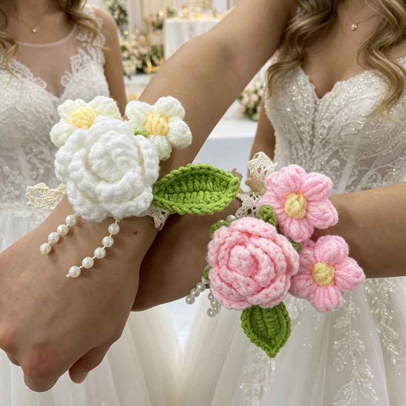 handmade-crochet-wedding-wrist-corsage-romantic-pink-rose-flower-bracelet-for-bridesmaids-prom