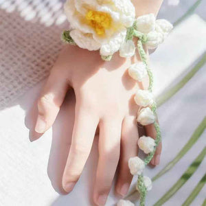 Handmade Crochet Wedding Wrist Corsage—White Floral Bracelet with Trailiing Vine for Brides & Bridesmaids