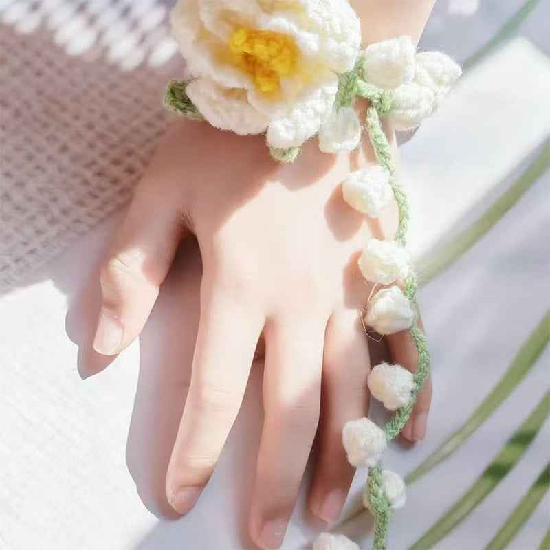 handmade-crochet-wedding-wrist-corsage-white-floral-bracelet-with-trailiing-vine-for-brides-bridesmaids