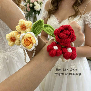 Handmade Crochet Wedding Wrist Corsage - Romantic Pink Rose Flower Bracelet for Bridesmaids & Prom