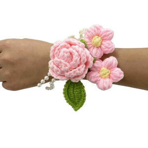 Handmade Crochet Wedding Wrist Corsage - Romantic Pink Rose Flower Bracelet for Bridesmaids & Prom
