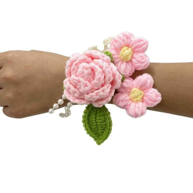 handmade-crochet-wedding-wrist-corsage-romantic-pink-rose-flower-bracelet-for-bridesmaids-prom