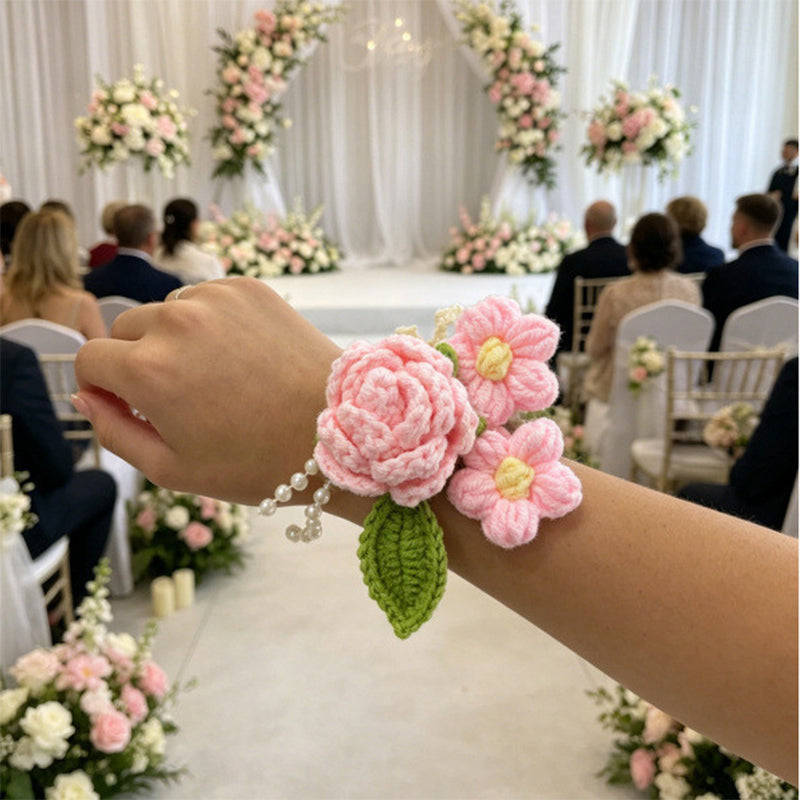 handmade-crochet-wedding-wrist-corsage-romantic-pink-rose-flower-bracelet-for-bridesmaids-prom