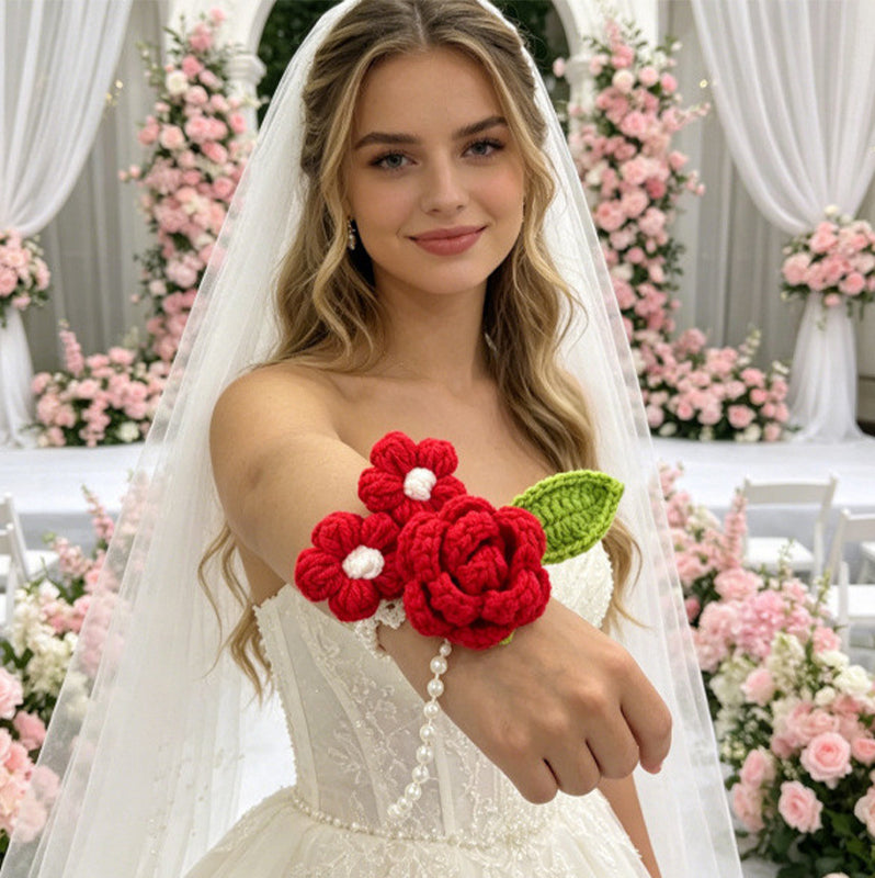 handmade-crochet-wedding-wrist-corsage-romantic-pink-rose-flower-bracelet-for-bridesmaids-prom