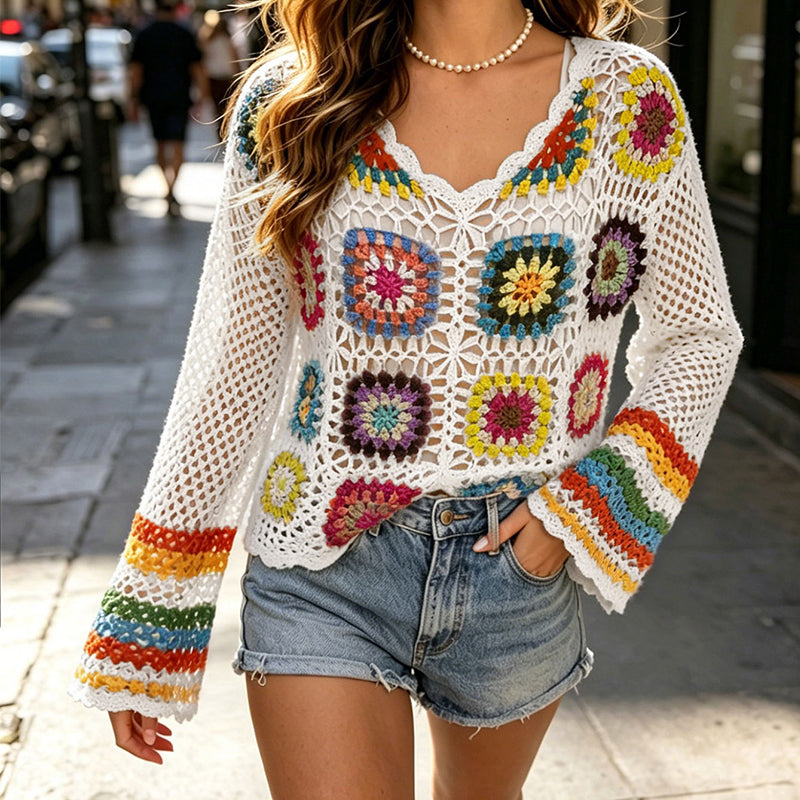 women-s-colorful-crochet-sweater-boho-granny-square-patchwork-openwork-v-neck-long-sleeve-pullover-for-wholesale