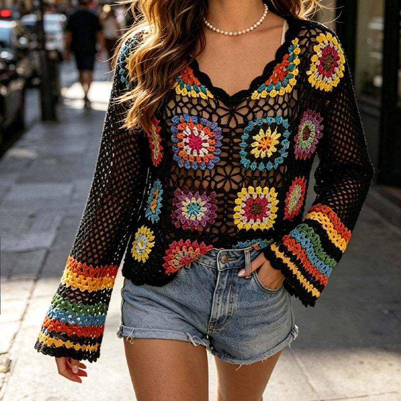 women-s-colorful-crochet-sweater-boho-granny-square-patchwork-openwork-v-neck-long-sleeve-pullover-for-wholesale
