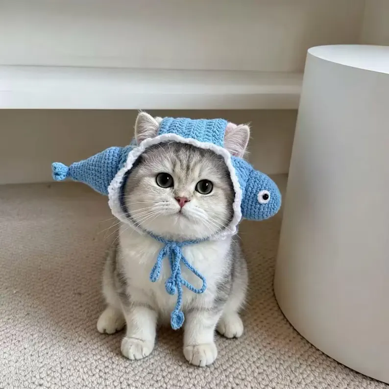 handmade-crochet-fish-hat-for-cats-small-dogs