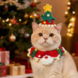 Christmas Cat Costume Set – Knitted Collar & Tree Hat for Pets