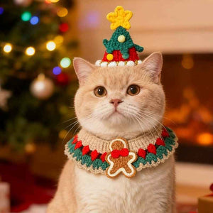 Christmas Cat Costume Set – Knitted Collar & Tree Hat for Pets
