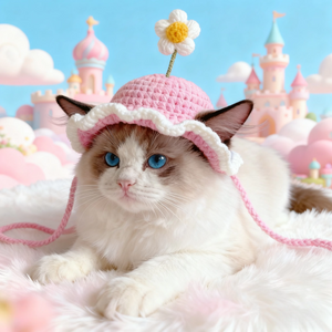 Handmade Crochet Cat Hat – Cute Flower Pet Bonnet for Photos & Daily Wear